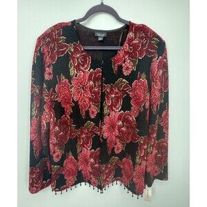 Dressbarn Red Floral Open Jacket Beaded Hem Crinkle Sz 22/24 Holiday Party